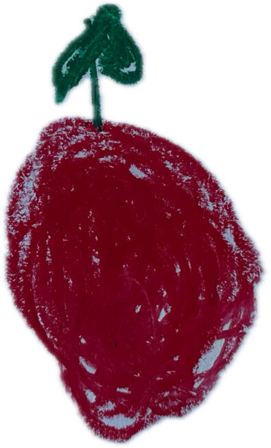 Freyan piirros: punainen mansikka vihreine lehtineen