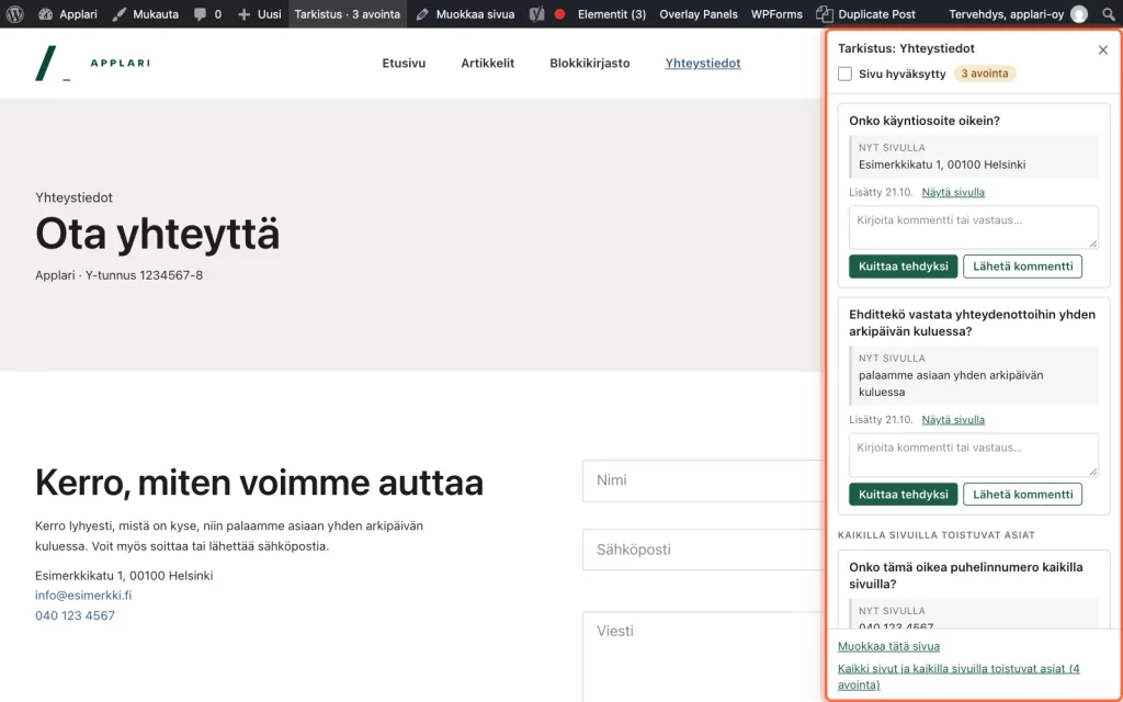 Yhteystiedot-sivu, jonka oikeassa reunassa on kehystetty Tarkistus-paneeli kysymyksineen.