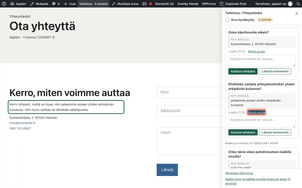 Näytä sivulla -linkki kehystettynä paneelissa, ja vasemmalla sivun teksti korostettuna vihreällä kehyksellä.