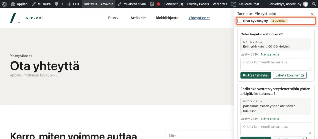 Paneelin yläreunan Sivu hyväksytty -valinta kehystettynä.