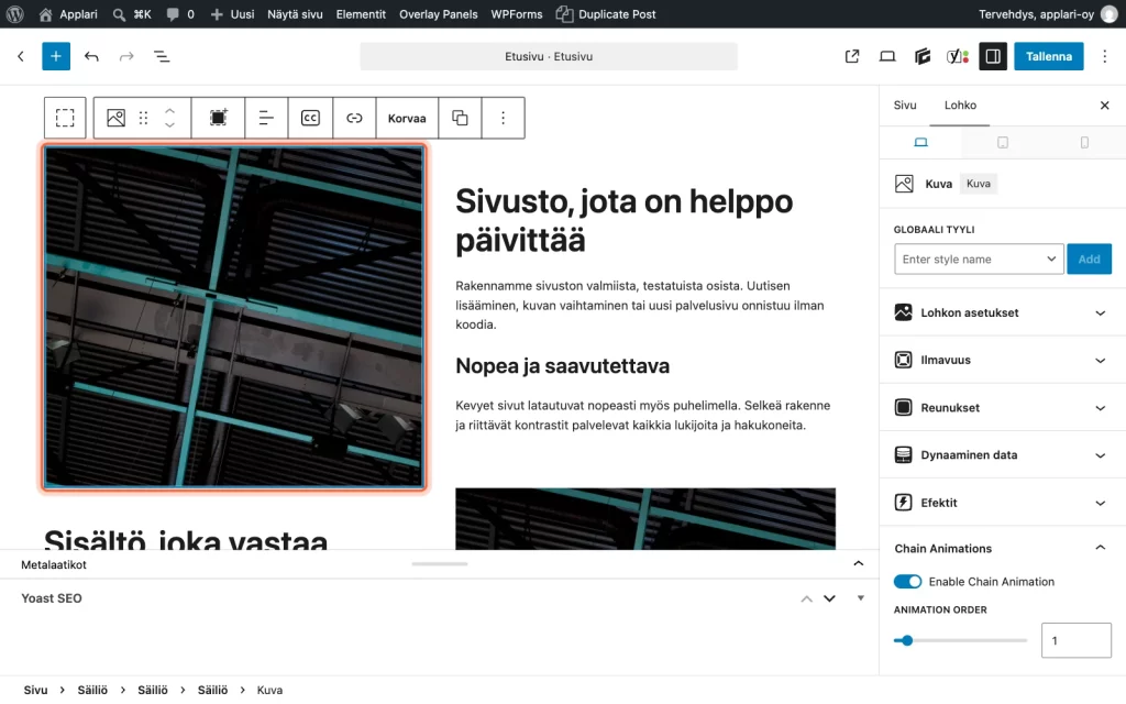 Editori, jossa kuva on valittuna ja kehystetty, ja sen yläpuolella näkyy kuvan työkalurivi.