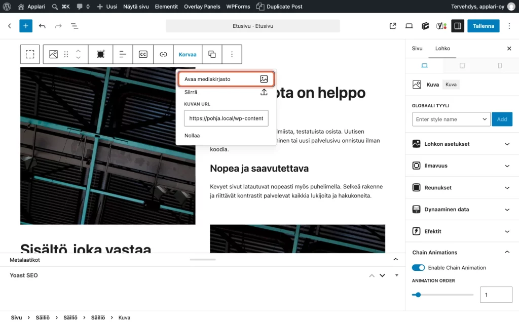 Korvaa-valikko auki, ja Avaa mediakirjasto -kohta on kehystetty.