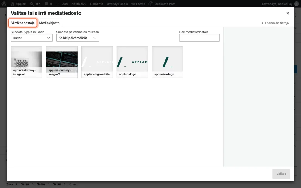 Mediakirjaston ikkuna, jossa Siirrä tiedostoja -välilehti on kehystetty.