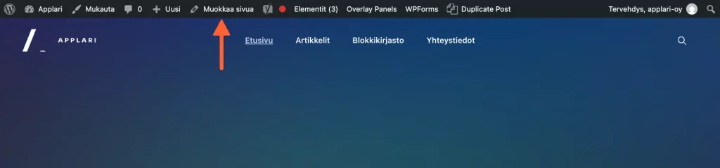 Sivuston yläpalkki, jossa nuoli osoittaa Muokkaa sivua -linkkiä.