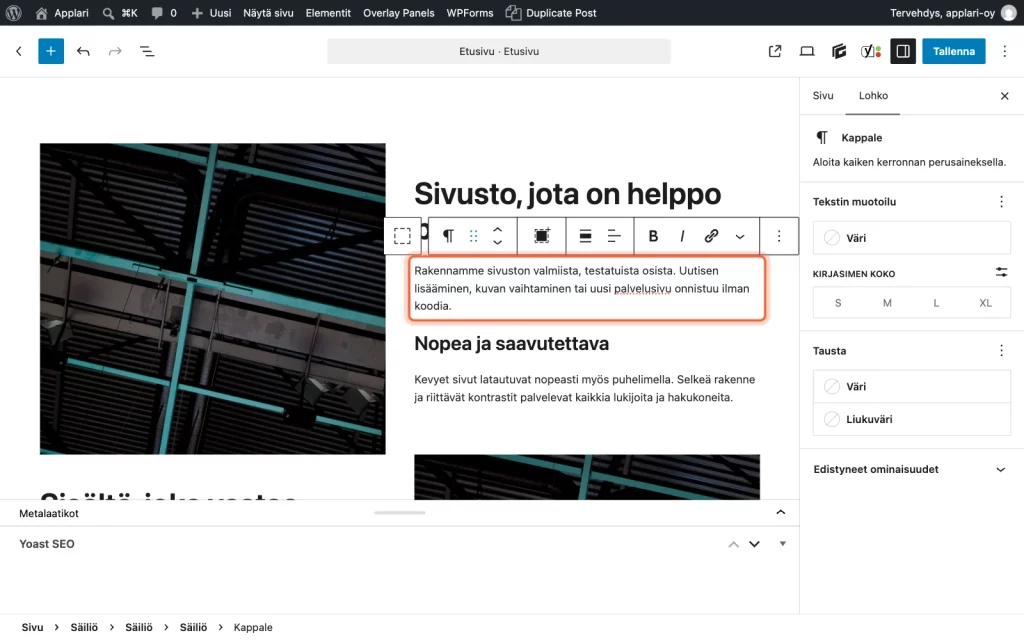 Editori, jossa kappale on valittuna ja kehystetty, ja sen yläpuolella näkyy lohkon työkalurivi.
