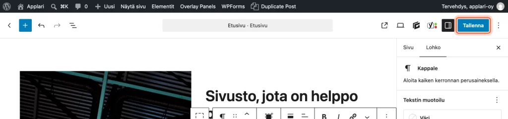 Editorin yläpalkki, jossa Tallenna-nappi on kehystetty.