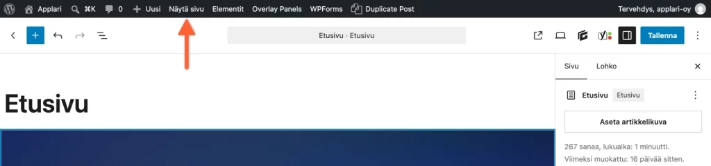 Editorin yläpalkki, jossa nuoli osoittaa Näytä sivu -linkkiä.